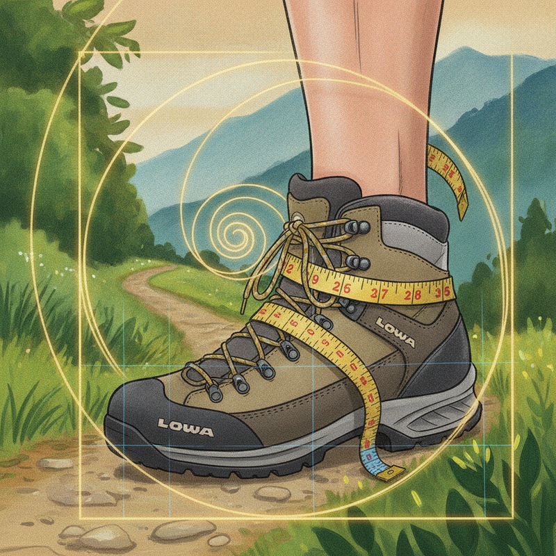 Een kleurrijke tekening van een mannelijke voet die in een Lowa wandelschoen schuift, met een meetlint eromheen en subtiele gouden ratio lijnen die de ideale pasvorm symboliseren. Op de achtergrond is een wazig landschap te zien.