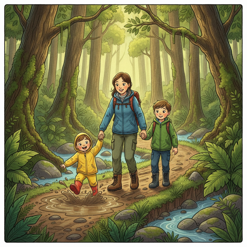 Een illustratie van een moeder die met twee lachende kinderen door een modderig bospad wandelt. De moeder draagt stevige wandelschoenen en stapt vol vertrouwen, terwijl de kinderen speels door de modder lopen. De omgeving is een groen, bosrijk landschap.