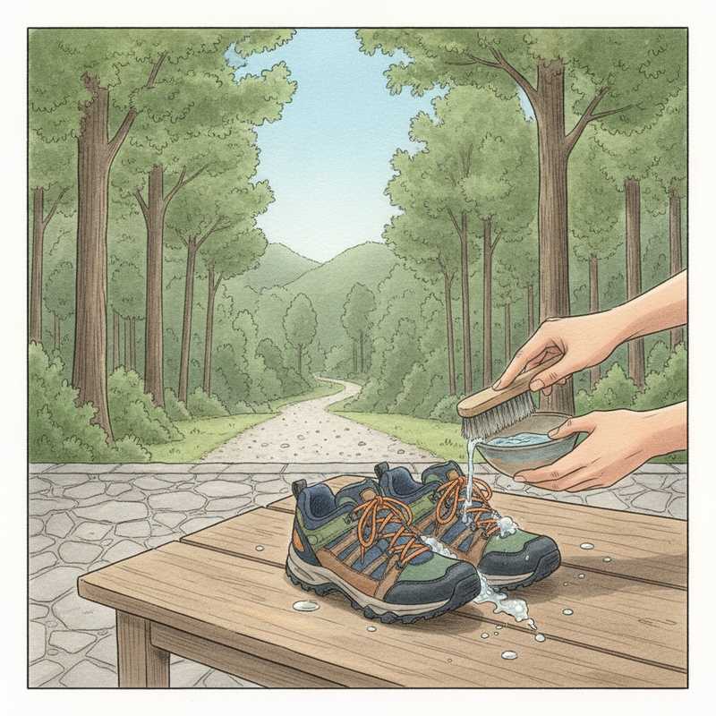 Een serene, kleurrijke tekening van een paar hiking schoenen die zachtjes worden gereinigd met een borstel en water, met een pad in de natuur op de achtergrond.
