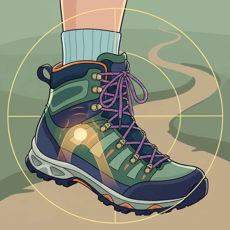 Een illustratie van een damesvoet in een waterdichte wandelschoen, waarbij de focus ligt op comfort, ondersteuning van de voetboog en de juiste pasvorm.