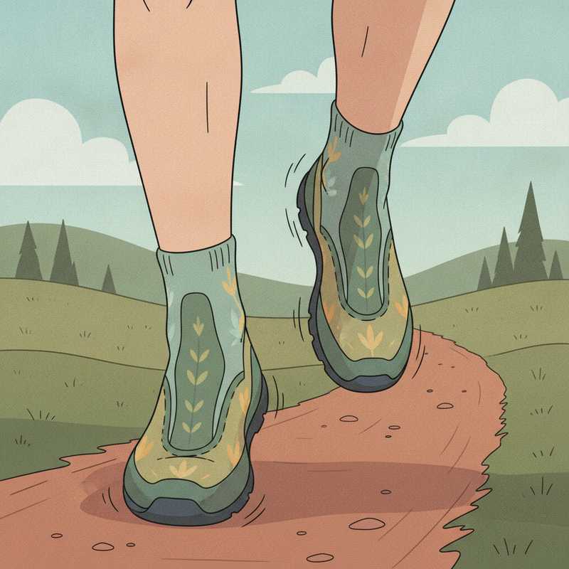 Een kleurrijke illustratie van voeten in comfortabele, goed passende wandelschoenen op een slingerend pad door een vredig landschap. De schoenen lijken een natuurlijk verlengstuk van de voeten.