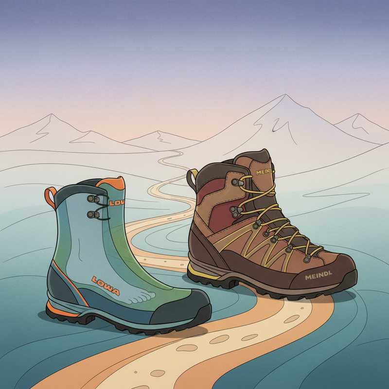 Een kleurrijke tekening van twee wandelschoenen, Lowa en Meindl, die hun respectievelijke smallere en bredere pasvormen illustreren. De schoenen staan op een pad dat symbool staat voor langeafstandswandelingen.