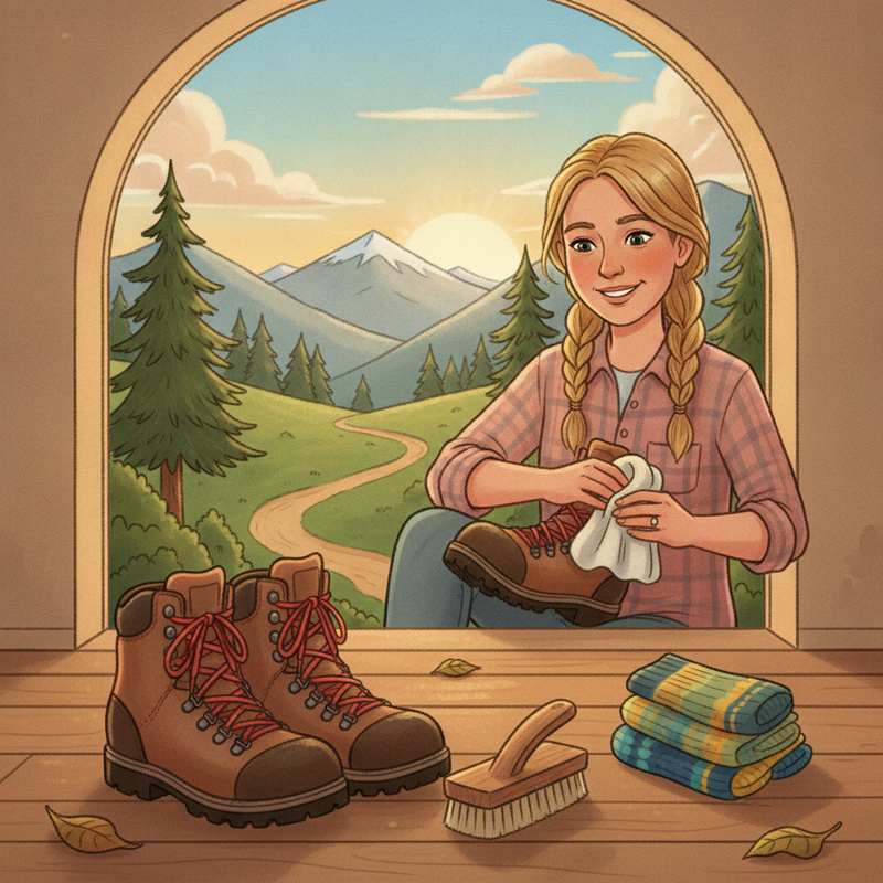 Een kleurrijke tekening van een paar wandelschoenen, wandelsokken en een borstel, met Sanne die een schoen schoonmaakt in een zonnige, natuurlijke omgeving. Het illustreert het belang van goede pasvorm en onderhoud.