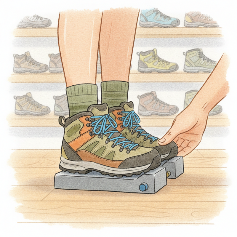 Een illustratie van een persoon die wandelschoenen past in een winkel, met aandacht voor de teenruimte en de breedte van de voet.