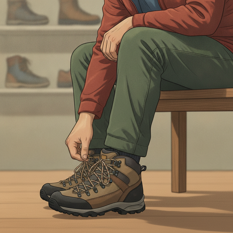 Een gedetailleerde, kleurrijke tekening van een persoon die aandachtig de pasvorm van een wandelschoen controleert, met de nadruk op de ruimte bij de tenen.