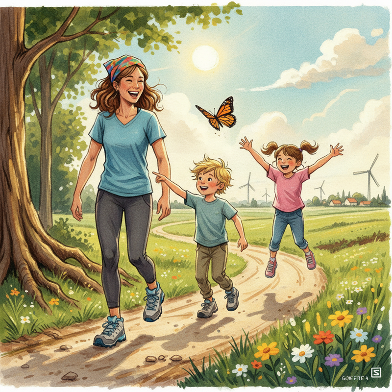 Een kleurrijke illustratie van een lachende moeder met twee kinderen die plezier hebben tijdens een wandeling op een ongelijk pad. De moeder draagt stevige wandelschoenen. De kinderen zijn enthousiast en wijzen naar de natuur om hen heen. De achtergrond toont een mix van bos en open veld.