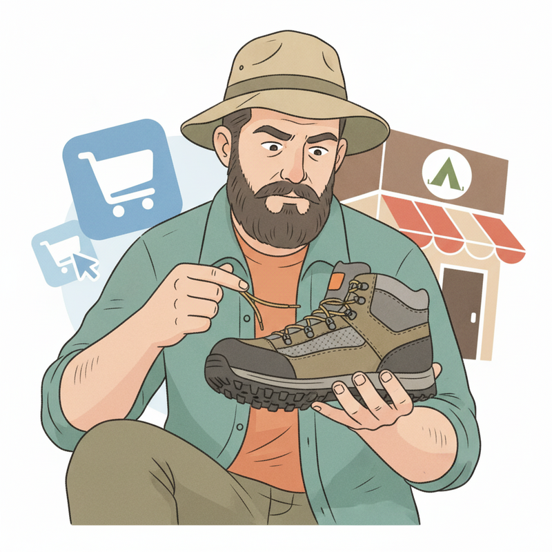 Een mannelijke wandelaar in een kleurrijke tekenstijl die een wandelschoen inspecteert op zool en materiaal, met op de achtergrond hints van online en fysieke winkels.