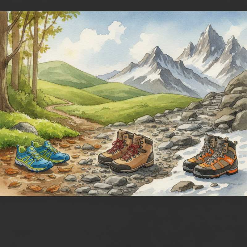 Drie paren wandelschoenen afgebeeld op verschillende terreinen: lichte trailschoenen op een bosrijk pad, middelhoge wandelschoenen op een heuvelachtig grindpad, en stevige bergschoenen op een rotsachtige berghelling.