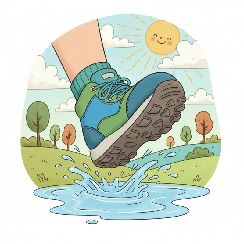 Een kleurrijke tekening van een voet in een blauw-groene technische wandelschoen die door een plas stapt, met een zool met diep profiel, in een natuurlijke omgeving.
