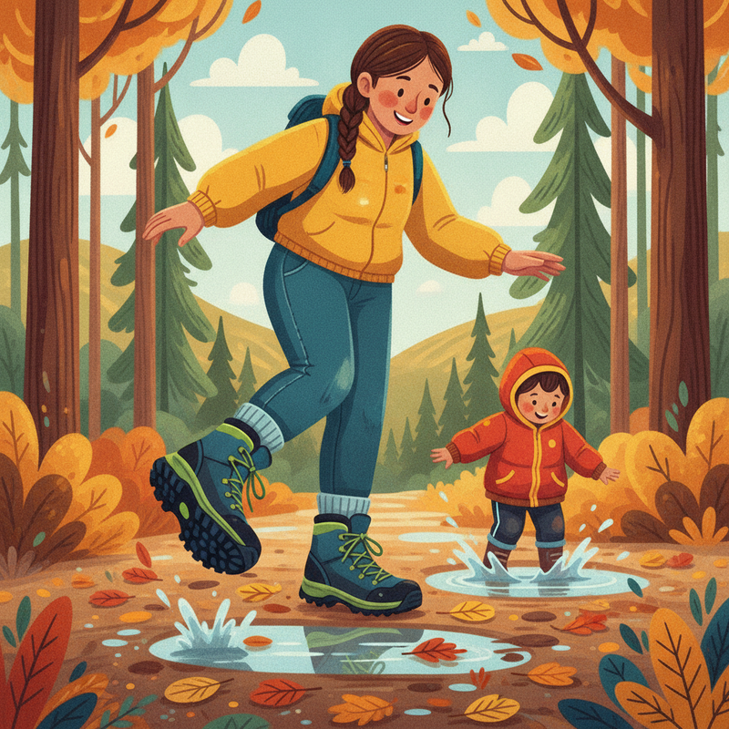 Illustratie van een persoon die met stevige wandelschoenen door een natte, bosrijke omgeving loopt, met zichtbare plassen en modder, terwijl de voeten droog en stabiel blijven.