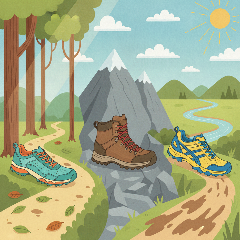 Illustratie van een lichte wandelschoen op een bosweg, een zware trekkingschoen op een rotsachtig bergpad en een trailrunning schoen op een modderig bospad.