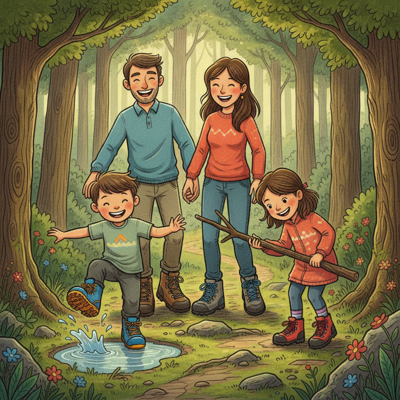 Een kleurrijke illustratie van een gezin dat lachend en vol zelfvertrouwen door het bos wandelt, met stevige outdoorschoenen aan.