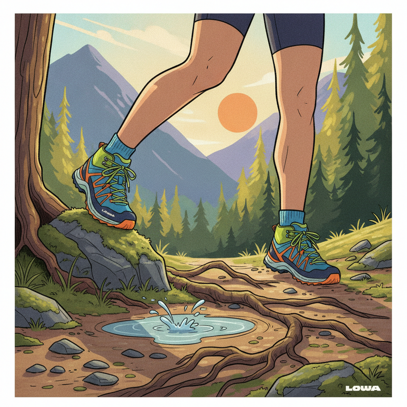 Een gedetailleerde tekening van een vrouw die met Lowa Innox Evo GTX wandelschoenen vol zelfvertrouwen over een avontuurlijk pad met rotsen en water stapt, wat de grip en stabiliteit benadrukt.
