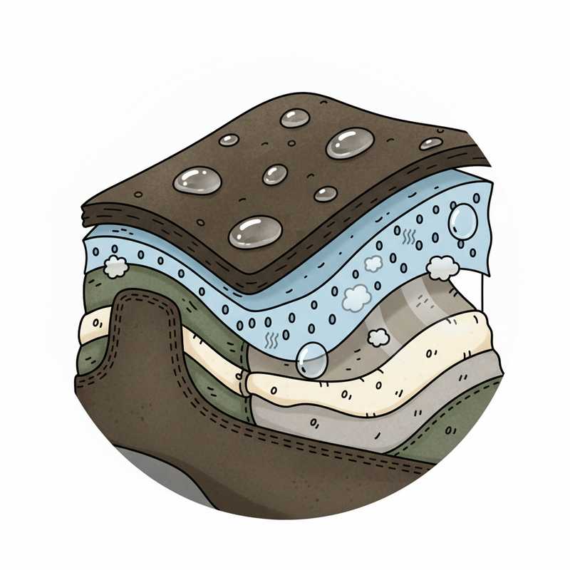 Een doorsnede van een wandelschoen die de buitenlaag en het daaronder liggende membraan toont. Regendruppels worden geblokkeerd door het membraan, terwijl waterdamp van binnenuit ontsnapt, wat de waterdichte en ademende functie visualiseert.
