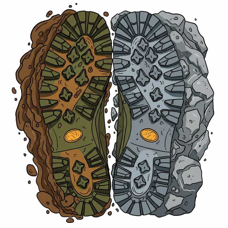 Een gedetailleerde illustratie van de onderkant van een wandelschoenzool die zich aanpast aan twee verschillende terreinen: aan de linkerkant diepe noppen in de modder, en aan de rechterkant plattere noppen op een rotsachtig oppervlak.