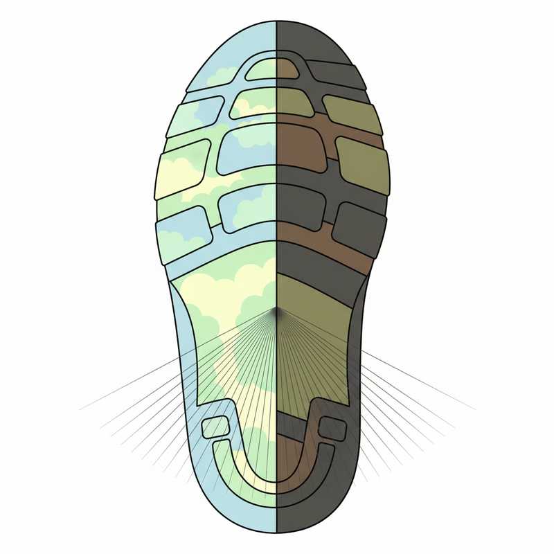 Illustratie van een doorgesneden wandelschoenzool. De binnenste lagen van de middenzool tonen twee verschillende materialen: een lichtgroen, veerkrachtig EVA-materiaal en een dichter, bruin PU-materiaal, die demping en stabiliteit symboliseren.