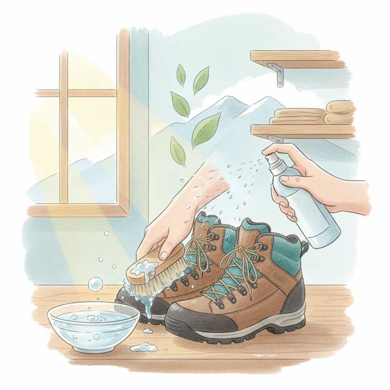 Een illustratie van een paar dames wandelschoenen die met zorg worden onderhouden. Eén schoen wordt met een zachte borstel en water gereinigd, de andere wordt ingesprayd. De achtergrond toont een lichte, geventileerde opslagruimte.