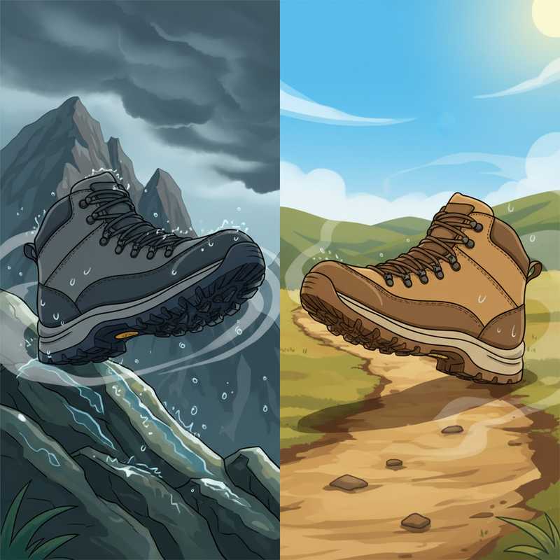 Een kleurrijke illustratie toont twee verschillende wandelschoenen. Eén robuuste schoen staat stevig op een natte, rotsachtige berghelling, de andere comfortabele schoen rust op een zonnig, glooiend bospad. Dit illustreert de verschillen in grip, demping en ademend vermogen voor diverse wandelomstandigheden.
