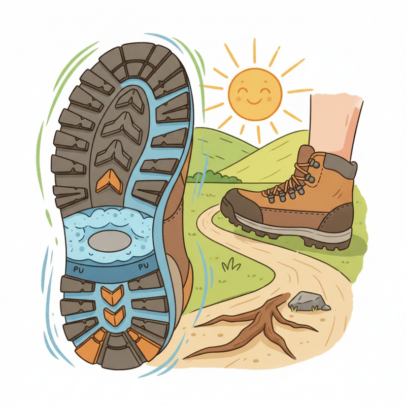 Een illustratie van de doorsnede van een wandelschoenzool, met de buitenzool met verschillende profielen, de dempende tussenzool van EVA en PU, en de stabiliserende cambreur. Een voet in de schoen stapt stabiel over een oneffen pad.