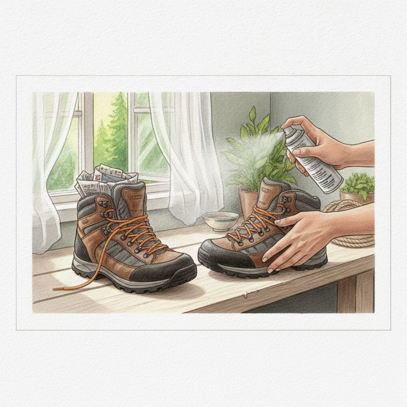 Een paar wandelschoenen in een kleurrijke tekenstijl. Eén schoen droogt met krantenpapier erin op een houten ondergrond, de andere wordt ingespoten met een impregneermiddel door handen. De achtergrond is rustig en natuurlijk, wat zorg en onderhoud voor buitenschoenen uitbeeldt.