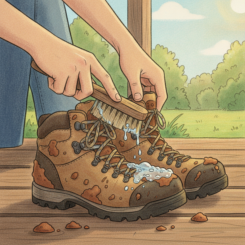 Een gedetailleerde illustratie van handen die met een zachte borstel en lauw water modder van een wandelschoen verwijderen, met de nadruk op zorgvuldig onderhoud na een tocht.