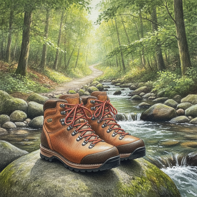 Een kleurrijke illustratie van een paar schone, goed onderhouden wandelschoenen die rusten op een bemoste steen bij een beekje in een rustig bos.