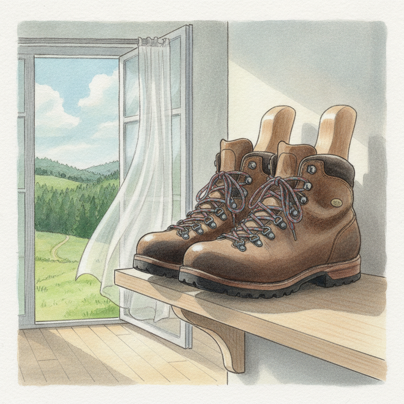 Een paar schone wandelschoenen met houten schoenspanners erin, geplaatst op een plank in een koele, droge en geventileerde ruimte, met een subtiele suggestie van een buitenlandschap door een raam.
