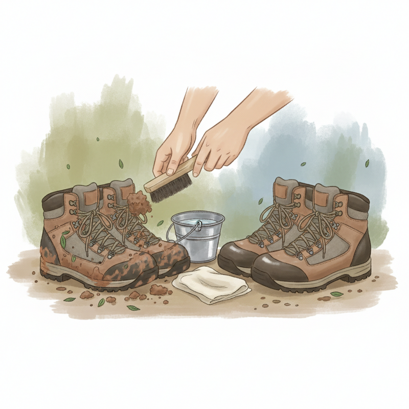 Een illustratie van een paar wandelschoenen. Aan de ene kant zijn ze bedekt met modder na een wandeling, en aan de andere kant zijn ze schoon en verzorgd. Een persoon maakt de schoenen voorzichtig schoon met een borstel en water.