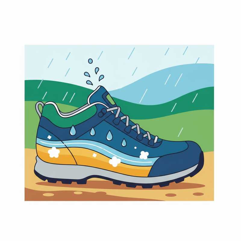 Een doorsnede van een waterdichte wandelschoen in een kleurrijke tekenstijl, die de buitenste waterafstotende laag, het ademende membraan in het midden en de binnenvoering toont. Regendruppels stuiteren van de buitenkant af terwijl stoommoleculen uit het membraan ontsnappen. De schoen staat in een droge omgeving met een landschap op de achtergrond.