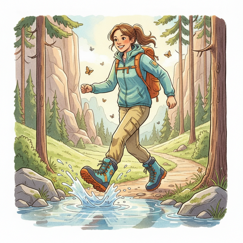 Een kleurrijke illustratie toont een lachende vrouwelijke wandelaar die met waterdichte schoenen over een beekje stapt. Ze heeft een zelfverzekerde houding en haar voeten blijven droog, met een bergachtig landschap op de achtergrond.