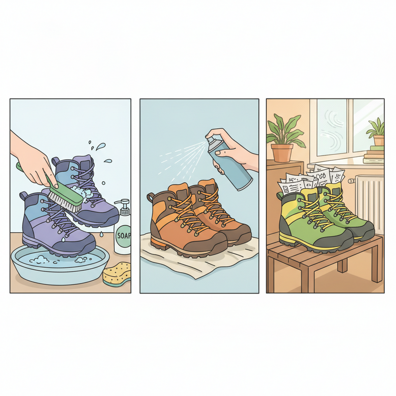 Een kleurrijke illustratie van een paar dames wandelschoenen die worden gereinigd met een borstel, een paar dat wordt geïmpregneerd met spray, en een paar dat droogt met krantenpapier erin, symboliserend de verschillende stappen van onderhoud.