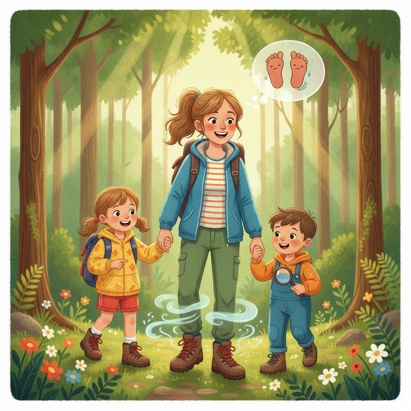 Een vrolijke, kleurrijke tekening van Sanne de Boer en twee kinderen die lachend door een zonnig bos wandelen. Sanne's voeten lijken licht en comfortabel, met een kleine gedachtenwolk van ongemakkelijke zweetvoeten uit het verleden.