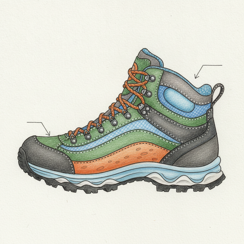 Een gedetailleerde, kleurrijke doorsnede-illustratie van een wandelschoen, met de verschillende componenten zoals de zool, demping, bovenwerk, en beschermende kappen duidelijk zichtbaar.