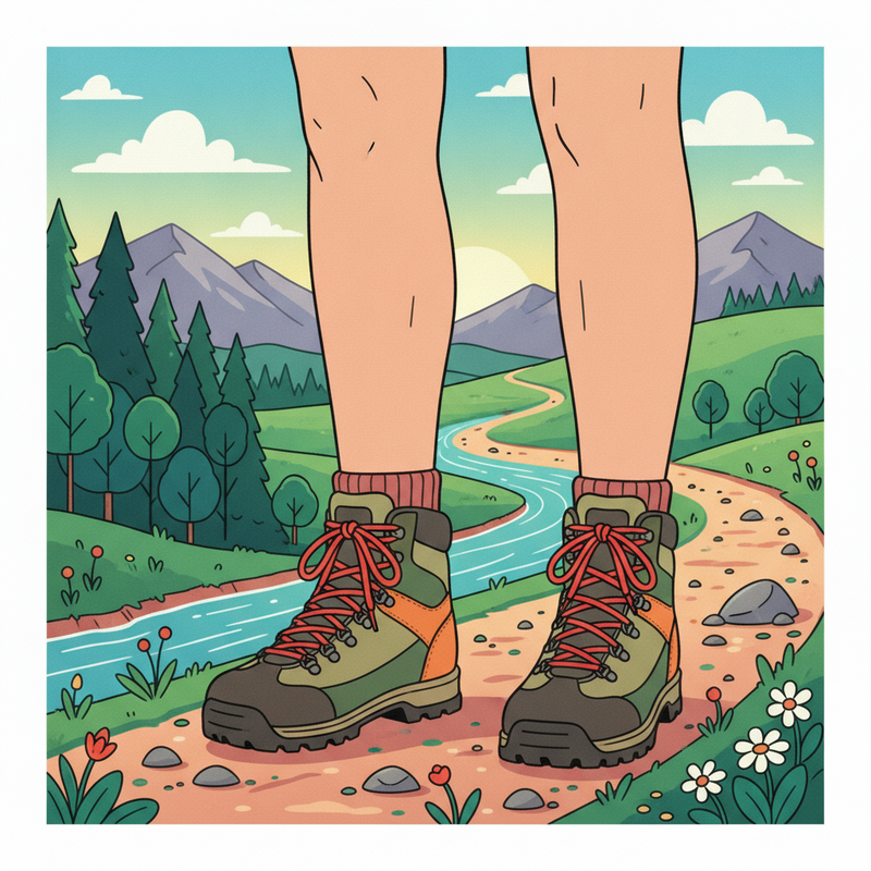Illustratie van een persoon in stevige wandelschoenen die op een pad staat met op de achtergrond bergen, een bos en een kabbelend beekje, symboliserend comfort en veiligheid in diverse outdoor omgevingen.
