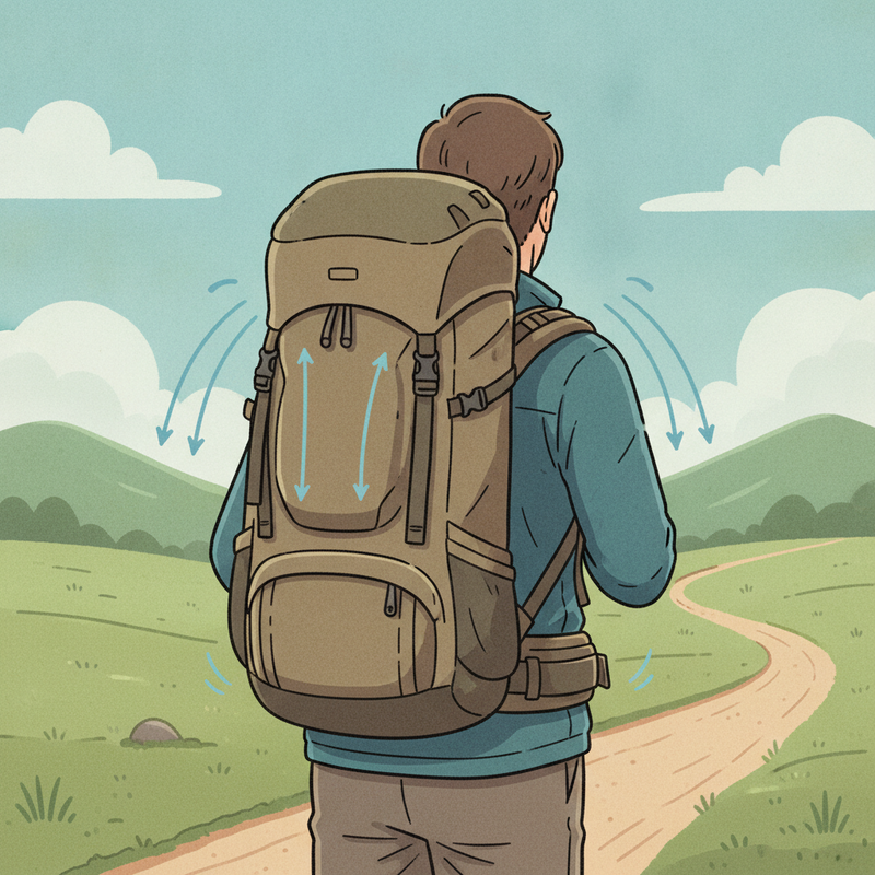 Illustratie van een persoon die een goed passende trekkingrugzak draagt, waarbij de rugzak comfortabel op de rug en heupen rust in een serene natuurlijke omgeving.