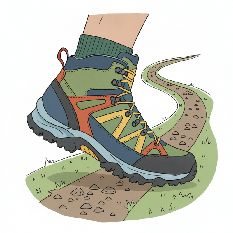 Een kleurrijke illustratie van een wandelschoen van goede kwaliteit, met nadruk op de grip van de zool, de stabiliteit van de hiel en de flexibiliteit van de neus, geplaatst tegen een abstracte achtergrond van een wandelpad.