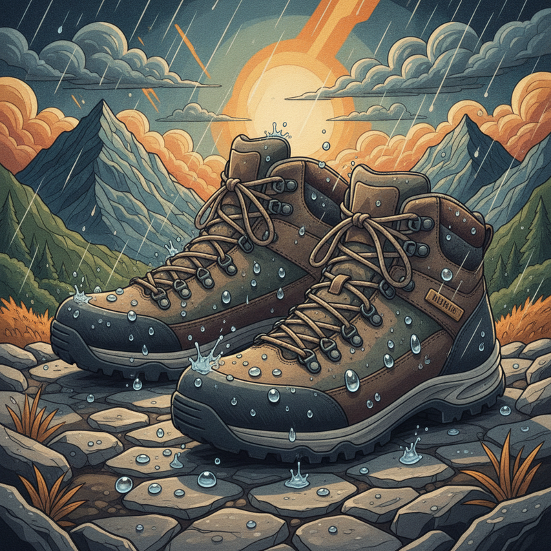 Een kleurrijke illustratie van twee wandelschoenen op een rotsachtig pad. Waterdruppels rollen als perfecte parels van het oppervlak van de schoenen, wat de effectiviteit van de DWR-coating aantoont. De achtergrond toont een gestileerd berglandschap.
