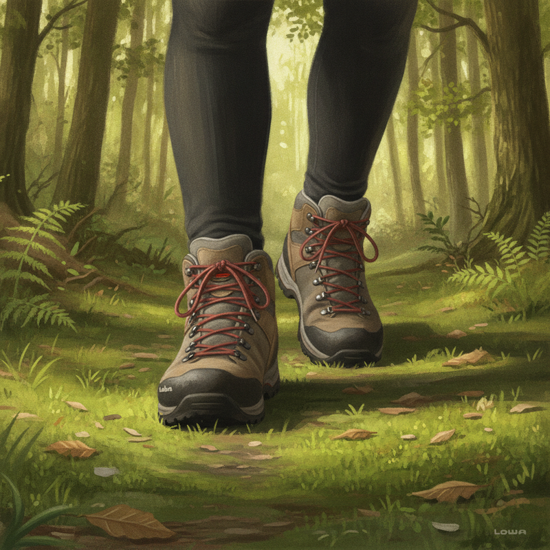 Een close-up van wandelschoenen op een zacht, bemost pad in een lichtrijk Hollands bos, met een gevoel van rust en moeiteloze beweging.