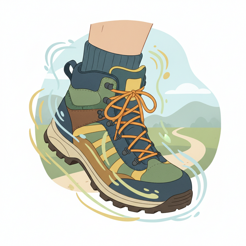 Een gedetailleerde illustratie van een voet in een perfect passende wandelschoen, met lijnen die stabiliteit en comfort symboliseren, en een subtiele rasterstructuur die doet denken aan fotografische compositie.