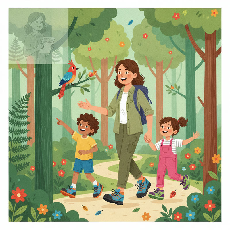Illustratie van een lachende moeder en twee vrolijke kinderen die wandelen in een kleurrijk bos. Ze dragen allemaal comfortabele, stevige outdoorschoenen. De moeder wijst naar iets in de verte, terwijl de kinderen vooruitlopen op een pad omringd door bomen en bloemen. Op de achtergrond is subtiel een silhouet van de moeder te zien met minder comfortabele schoenen.