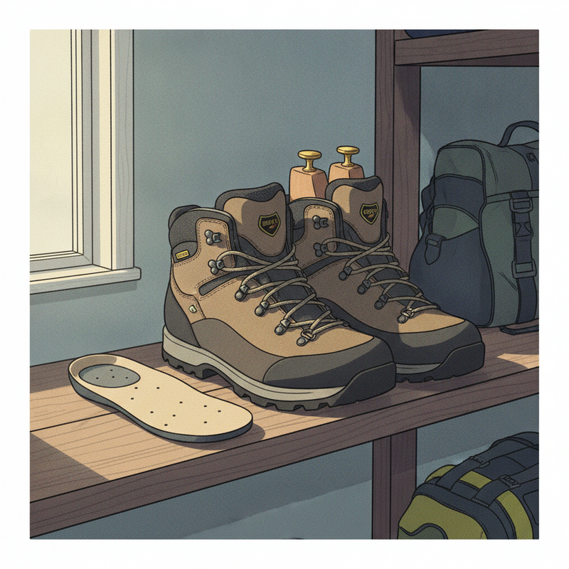 Een illustratie van Gore-Tex wandelschoenen die correct worden opgeborgen. Eén schoen heeft een schoenspanner en de andere heeft de binnenzool eruit om te luchten. Ze staan op een plank in een koele, droge en geventileerde ruimte, wat het belang van goede opslag benadrukt.
