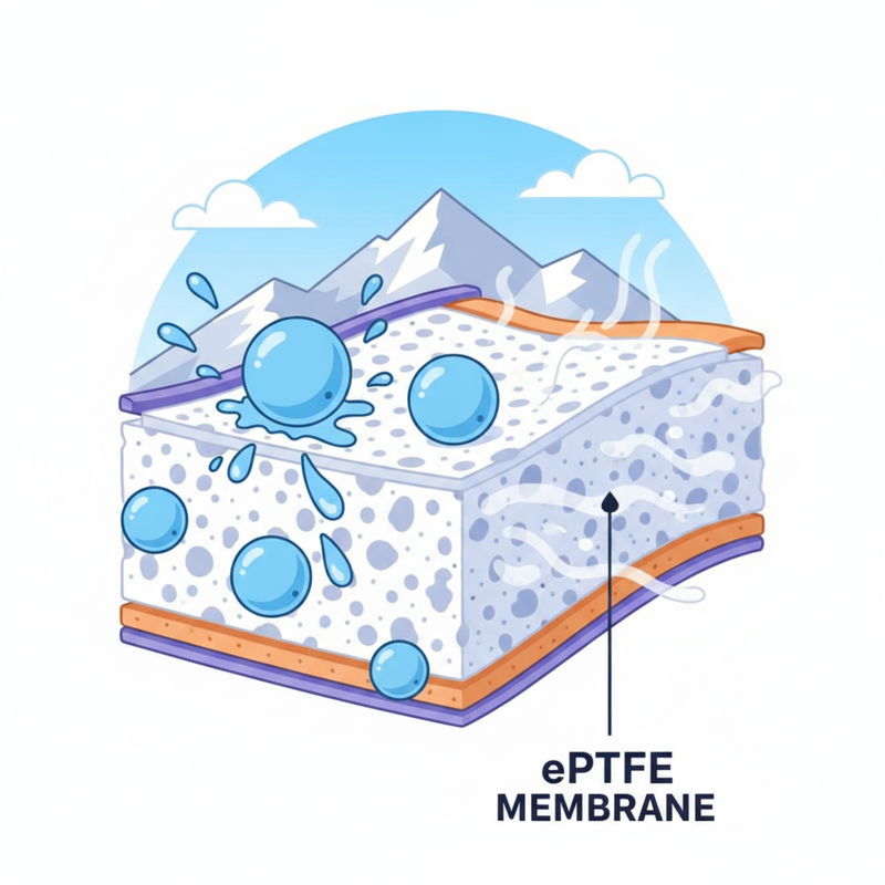 Een illustratie van het Gore-Tex membraan. Grote waterdruppels worden tegengehouden, terwijl kleine waterdampmoleculen door microscopische poriën bewegen, met een berglandschap op de achtergrond.
