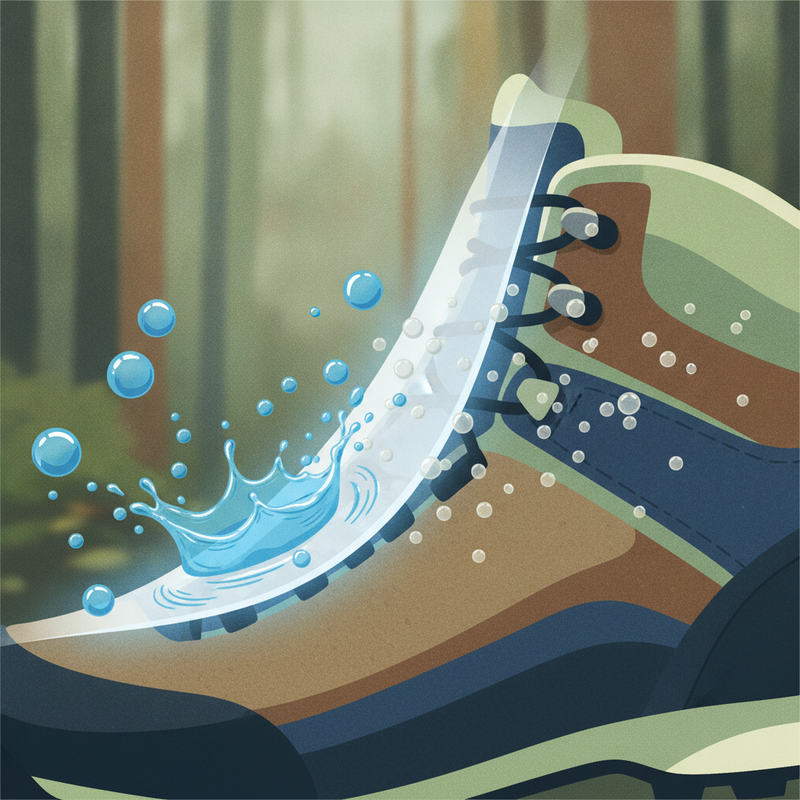 Een illustratie van het Gore-Tex membraan in een schoen. Blauwe waterdruppels worden aan de buitenkant tegengehouden, terwijl waterdampmoleculen van binnenuit door het membraan ontsnappen.