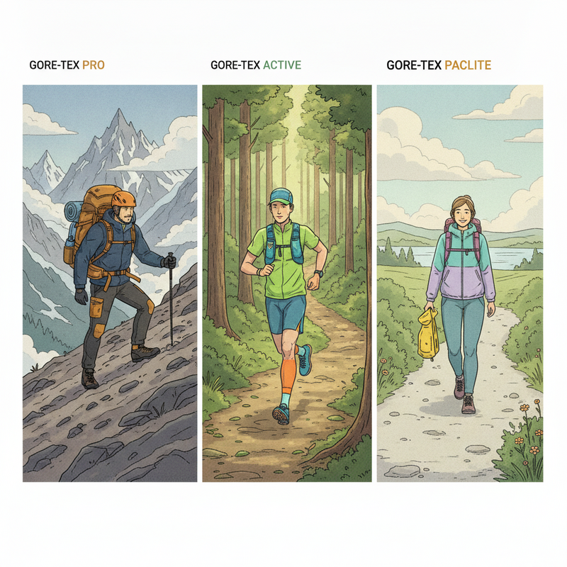 Een kleurrijke tekening toont drie figuren in verschillende outdoor-scenario's. Links staat een stevige bergbeklimmer met een grote rugzak op een rotsachtig pad, wat Gore-Tex Pro symboliseert. In het midden rent een atleet op een bospad, wat Gore-Tex Active voorstelt. Rechts staat een lichte wandelaar met een klein, opgevouwen regenjack in de hand, wat Gore-Tex Paclite representeert. De achtergrond toont subtiele landschapsverschillen.