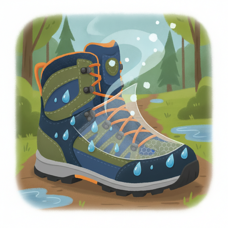 Illustratie van een wandelschoen met Gore-Tex membraan. Regendruppels stuiteren van de buitenkant, terwijl zweetdamp als kleine wolkjes uit de schoen ontsnapt, wat de ademende en waterdichte eigenschappen benadrukt. De microscopische structuur van het membraan is zichtbaar.