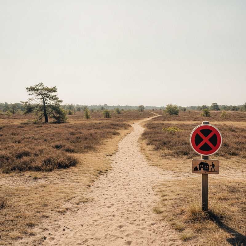 Een verlaten wandelpad door Nederlandse heide met hittegolf waas en een gesloten bord bij een bezoekerscentrum