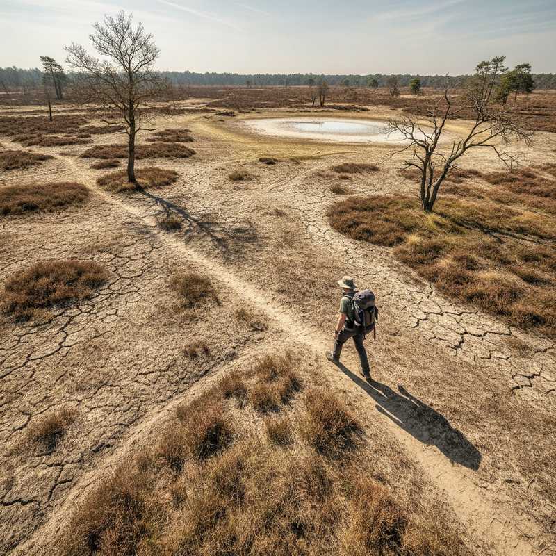 Uitgedroogd heidelandschap met droge grond en wandelaar op zandpad tijdens droogte