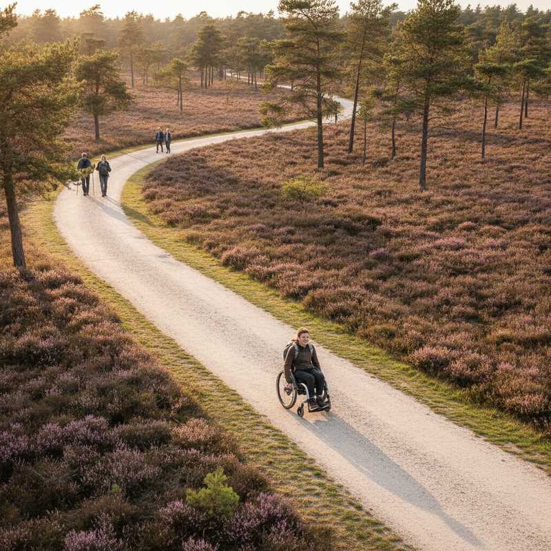 Persoon in rolstoel op toegankelijk wandelpad door Nederlandse heide met paarse heidebloeien en dennenbomen