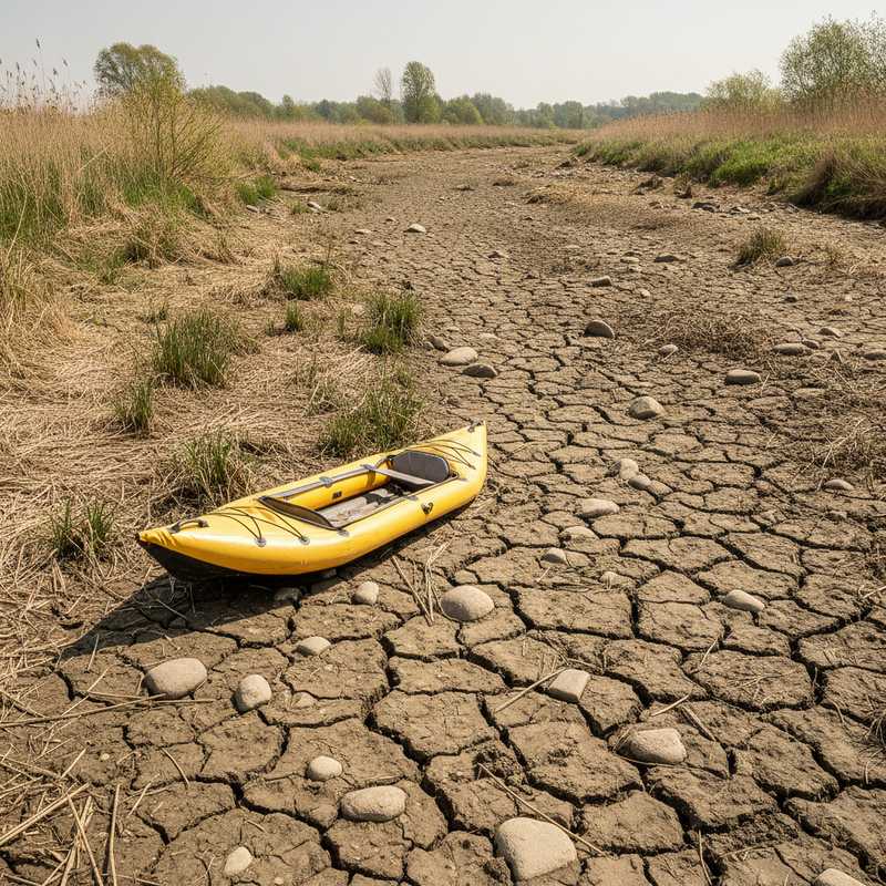 Opgedroogde rivier in Limburg met kajak op droge oever tijdens extreme droogte