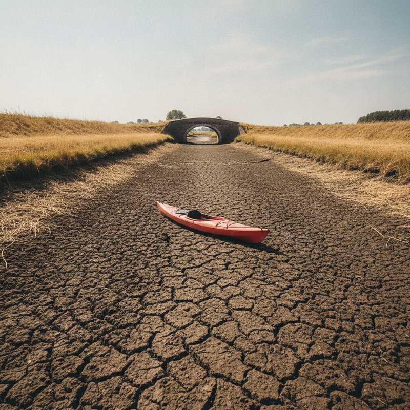 Kayak op drooggevallen Nederlandse sloot met gebarsten modder en verdroogde vegetatie als gevolg van extreme droogte
